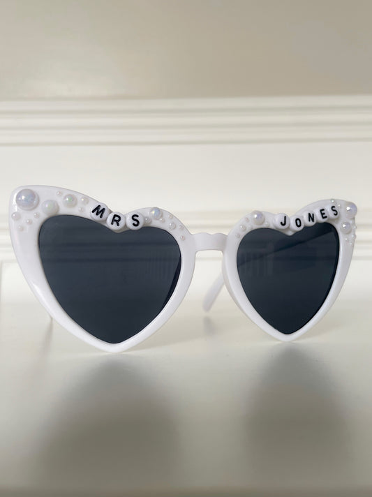 Personalised White Pearl Heart Hen Party Sunglasses